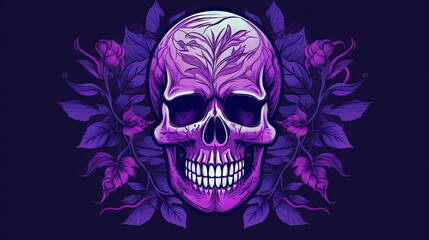  a purple skull with a floral crown on it's head and leaves around it's neck, on a black background with a purple background.  generative ai