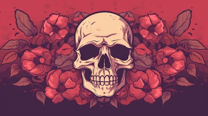  a skull surrounded by red flowers on a red and black background with a red background and a red background with red flowers and a red background with a white skull.  generative ai