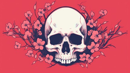  a skull with flowers around it on a red background with a red background and a red background with a white skull with flowers around it on a red background.  generative ai