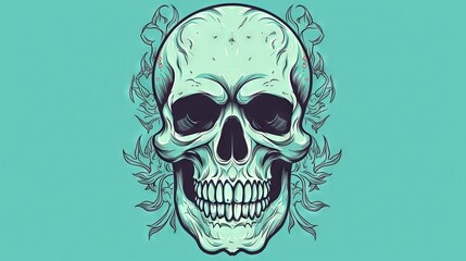  a drawing of a skull with a flower in the middle of its skull's head, on a blue background with a green background.  generative ai
