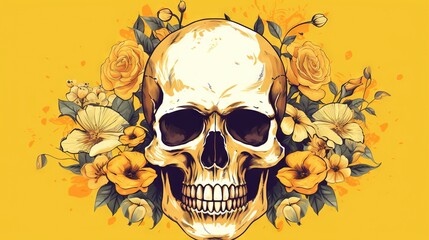  a drawing of a skull with yellow flowers around its neck and a rose in the middle of the skull's head, on a yellow background.  generative ai