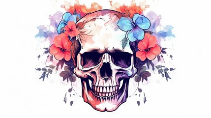 a skull with flowers in its hair and a flower crown on its head, with watercolor splashes on the side of the skull.  generative ai