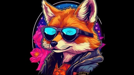  a red fox wearing sunglasses and a leather jacket with a flower in his lap and a star in the background with a black circle around it.  generative ai