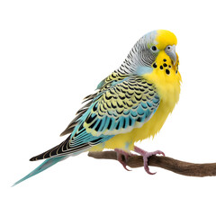 Yellow and blue budgie sitting on a stick is isolated generative ai
