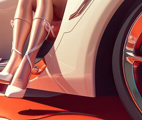 Illustration Of Sexy Woman Legs Pink Sports Car Design Generative AI