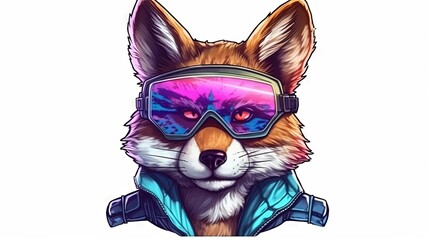  a drawing of a fox wearing goggles and a jacket with a hoodie on it's head, with a pink eye patch in the center.  generative ai