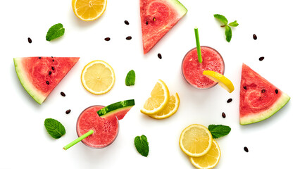 Watermelon lemonade colorful isolated on white background. Fresh red yellow watermelon juice, creative composition. Summer minimal concept, fashionable layout