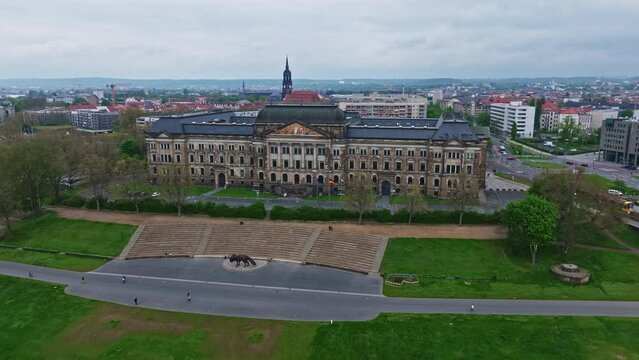 Drone shot of Saxon State Ministry of Culture (SMK) is a supreme state authority of the Free State of Saxony based in the state capital Dresden . The ministry is located in the west wing of the buildi