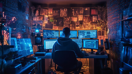 Obraz premium World of a Hacker, Masterfully Navigating Code and Interfaces in his room - Generated AI