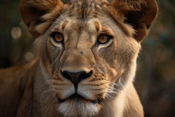 Fototapeta na wymiar lioness looking at the camera, beautiful background, savannah background, ai generated.