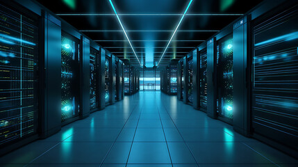 Obraz na płótnie Canvas high-tech data center sleek workstations blue color - Generated AI