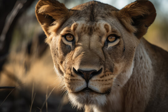 lioness looking at the camera, beautiful background, savannah background, ai generated.