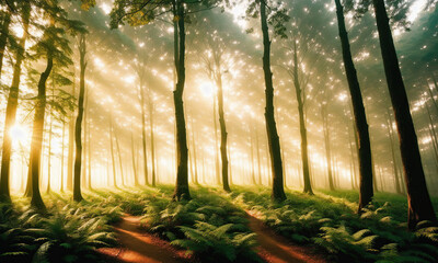 Lush forest at sunrise. Generative AI
