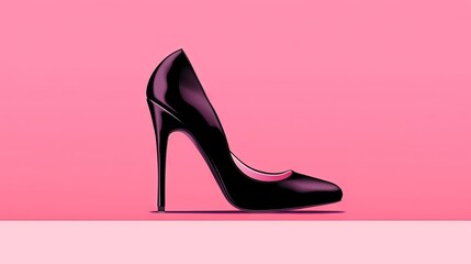  a black high heeled shoe on a pink background with the word,'high heels'written below the heel of the high heel.  generative ai