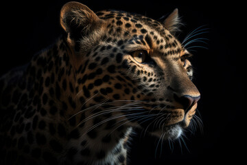 Fototapeta na wymiar leopard, black background, hyperrealistic photography, ai generated.