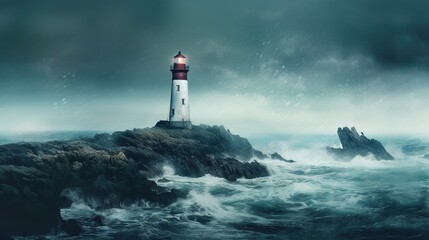  a lighthouse in the middle of the ocean with a stormy sky above it and waves crashing around the lighthouse and rocks in the foreground.  generative ai