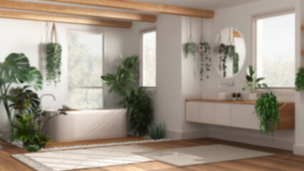 Blurred background, modern wooden bathroom with bathtub and washbasin. Parquet and carpets. Biophilic concept, many houseplants. Urban jungle interior design