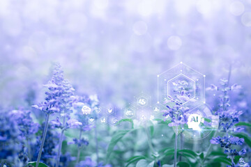 IOT with Futuristic ai technology concept icon on blured nature background, Sustainable, energy, medicine, Natural herbal remedies, Application, agriculture, Metaverse, big data, report, analysis.