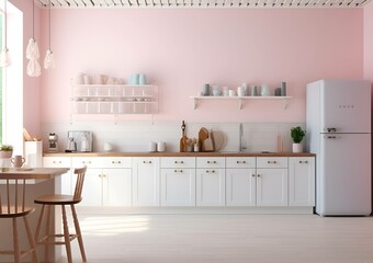 Stylish pink kitchen interior with modern furniture and fridge