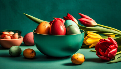 two colorful easter eggs in a bowl with pink tulips