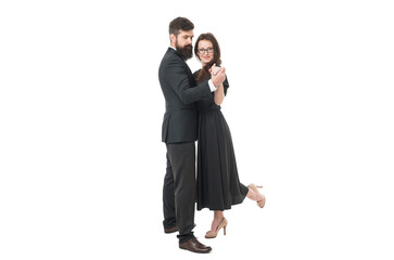 Be happy. formal couple of tuxedo dance isolated on white. dance school for everyone. happy valentines day. celebrate special occasion. couple in love dancing. love date for man and woman