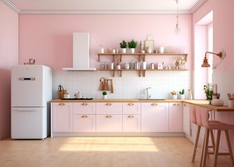 Fototapeta na wymiar Stylish pink kitchen interior with modern furniture and fridge