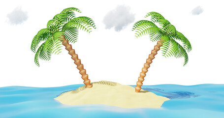 Sandy island with palm trees. Summer travel solitude. 3d rendering