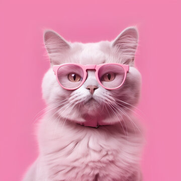 White cat wearing pink accessories in pink environment looking at camera.