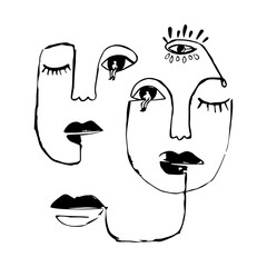 abstraction, face, people, lips, eyes, black on a white background
