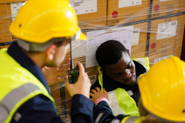 Male warehouse worker have an accident during working in the storage warehouse and his friends come to help or assist him and taking him to the safety area.