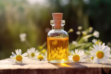 Obraz na płótnie Canvas Fragrant Chamomile Essential Oil in small glass bottle with fresh Camomile Flowers on wooden table with blurred Summer garden background. Beauty treatment, Spa concept. Generative AI.
