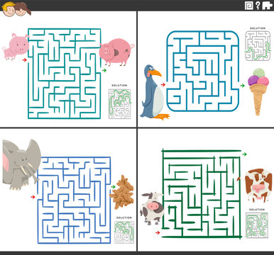 maze activity games set with funny cartoon animal characters