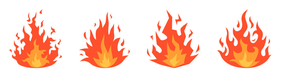 Fire in various styles. Isolated white background. Modern flat cartoon illustration