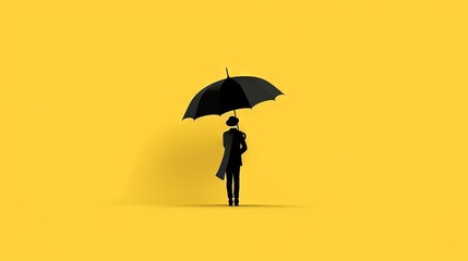  a person standing under an umbrella on a yellow background with a black suit and tie on, and a yellow background with a black suit and white umbrella.  generative ai