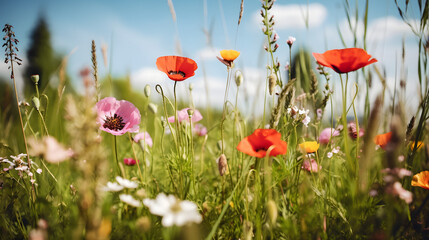 A field of wild flowers on a beautiful sunny day. AI generated.