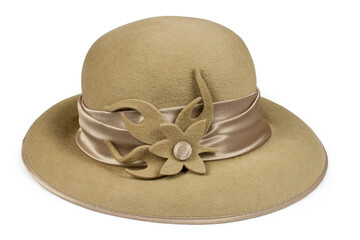 Women's felt hat with a flower on a white background.