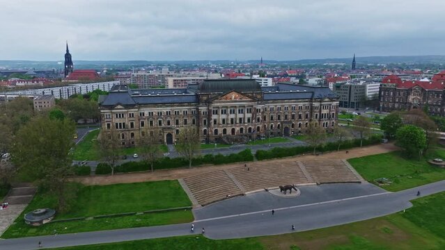 Drone shot of Saxon State Ministry of Culture (SMK) is a supreme state authority of the Free State of Saxony based in the state capital Dresden . The ministry is located in the west wing of the buildi