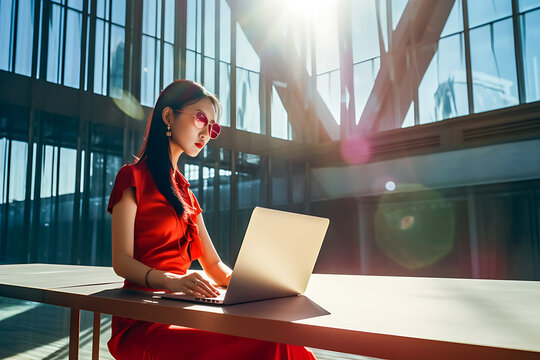 Asian girl radiates confidence and style as she works on her laptop amidst an outdoor field bathed in the intense sunlight. generative AI.