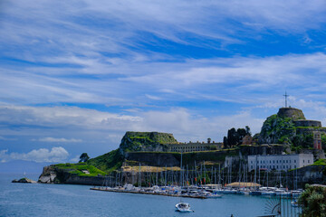 Naklejka premium Old Fortress of Corfu island in Greece with Sail Boats in the foreground
