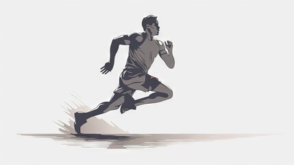  a man running on a white background with a shadow of his running man on the side of the image and the shadow of his running shoes on the ground.  generative ai