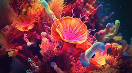  a group of colorful sea creatures floating in the ocean water with bubbles and bubbles on the bottom of the picture, and a black background of corals.  generative ai