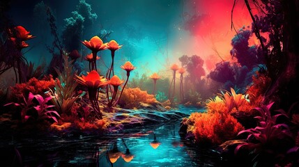  a painting of a river surrounded by plants and flowers in a forest at night with bright colors and a bright sky in the background with stars.  generative ai