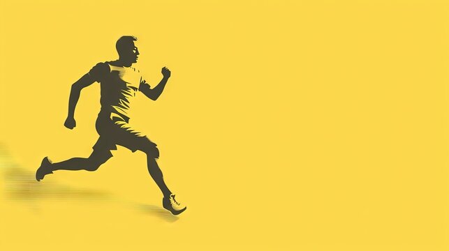  a silhouette of a man running on a yellow background with a shadow of a running man on the side of the image and a shadow of a man on the side of the.  generative ai