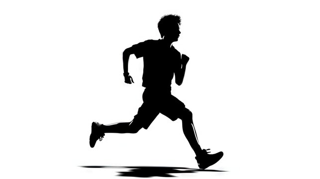  a silhouette of a man running on a white background in a black and white photo with the shadow of a man running on a white background.  generative ai