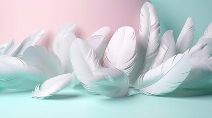 White feathers falling on a solid background of pastel shades. Image generated by AI.