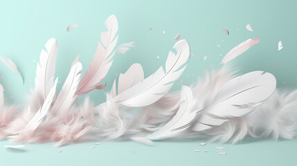 Obraz premium White feathers falling on a solid background of pastel shades. Image generated by AI.
