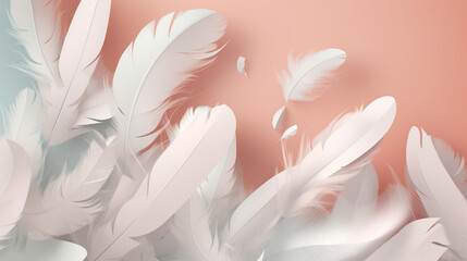 White feathers falling on a solid background of pastel shades. Image generated by AI.