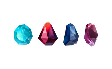 A collection of images of diamonds of various geometric shapes, colors and sizes.Glass shiny crystals with different shades reflecting light.Vector realistic set of glow gemstone or colorful ice.
