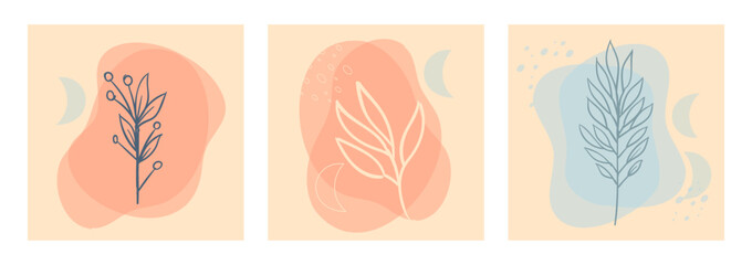 Set of abstract foliage wall art. Leaves, organic shapes, leaf branch, tree in vector line art style. Decoration collection design for interior, poster, cover, banner.