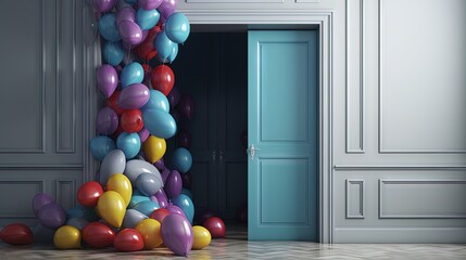  a bunch of balloons that are in a room with a door and a door way to another room with a door and a door way to another room with a door.  generative ai